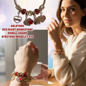 #16 GOLDTONE HEART RED BEADED VALENTINES FLOWER CHARM BRACELET